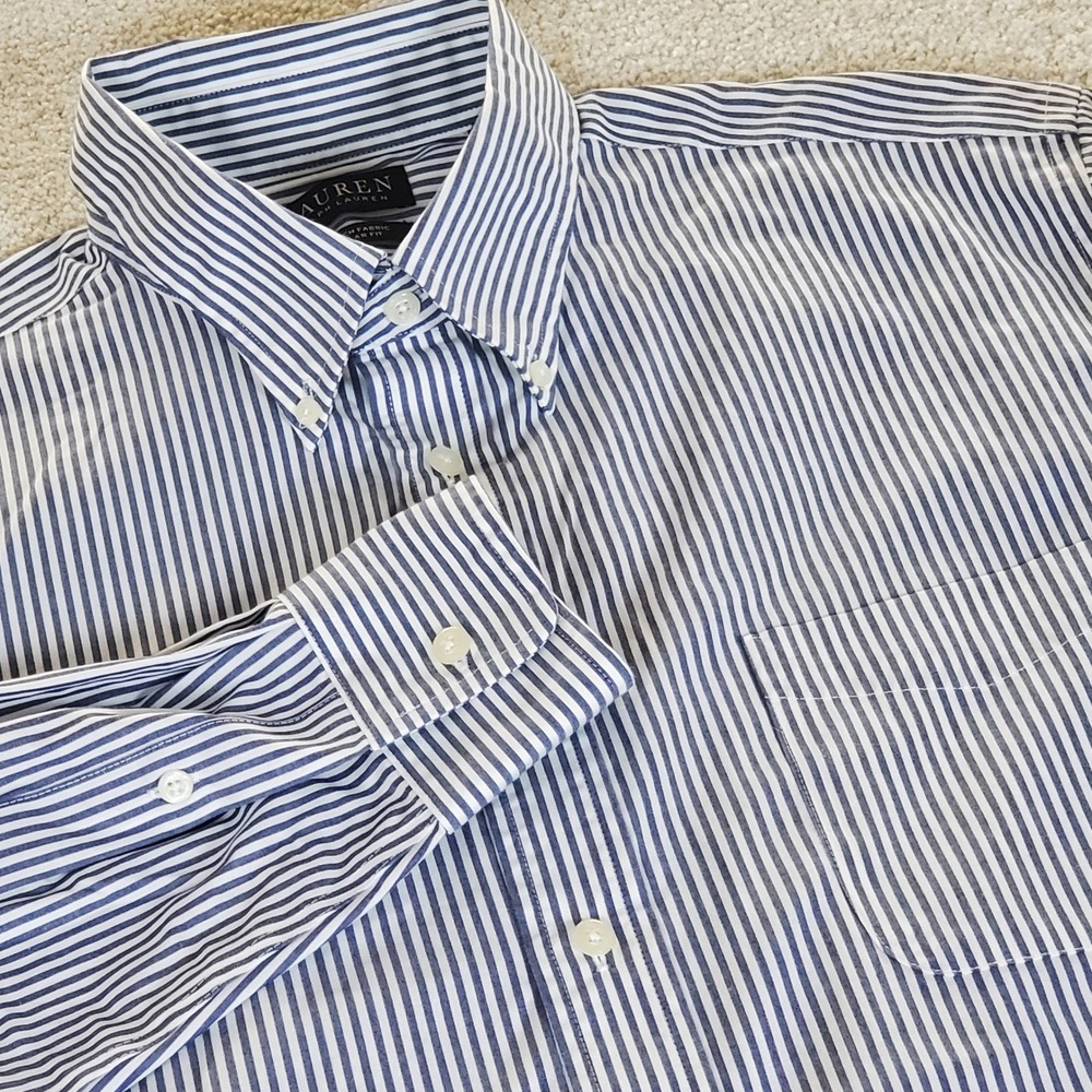 Lauren Ralph Lauren Dress Shirt Men's XL Blue White Striped Stretch Regular Fit